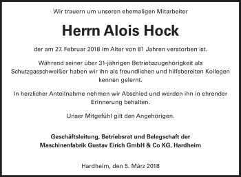 Traueranzeige von Alois Hock von Fränkische Nachrichten