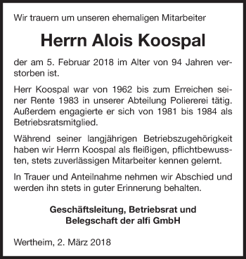 Traueranzeige von Alois Koospal von Fränkische Nachrichten