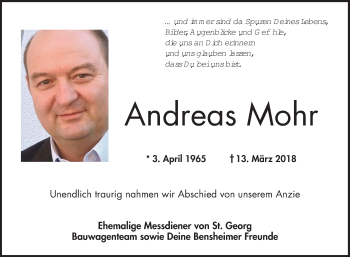 Traueranzeige von Andreas Mohr von Bergsträßer Anzeiger