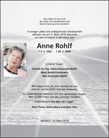 Traueranzeige von Anne Rohlf von Fränkische Nachrichten