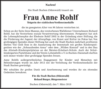 Traueranzeige von Anne Rohlf von Fränkische Nachrichten