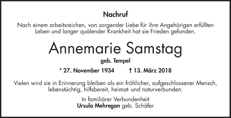  Traueranzeige für Annemarie Samstag vom 23.03.2018 aus Bergsträßer Anzeiger