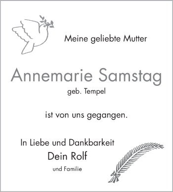 Traueranzeige von Annemarie Samstag von Bergsträßer Anzeiger