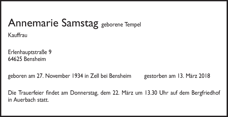  Traueranzeige für Annemarie Samstag vom 21.03.2018 aus Bergsträßer Anzeiger