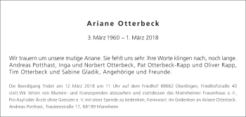 Traueranzeige von Ariane Otterbeck von Mannheimer Morgen