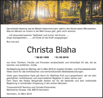 Traueranzeige von Christa Blaha von Südhessen Morgen