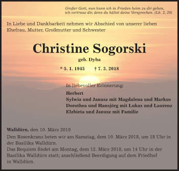 Traueranzeige von Christine Sogorski von Fränkische Nachrichten