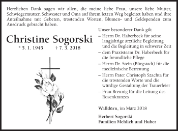 Traueranzeige von Christine Sogorski von Fränkische Nachrichten