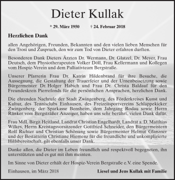 Traueranzeige von Dieter Kullak von Bergsträßer Anzeiger