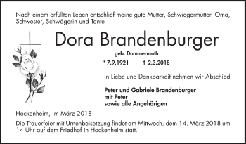 Traueranzeige von Dora Brandenburger von Schwetzinger Zeitung