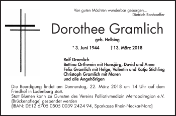 Traueranzeige von Dorothee Gramlich von Mannheimer Morgen