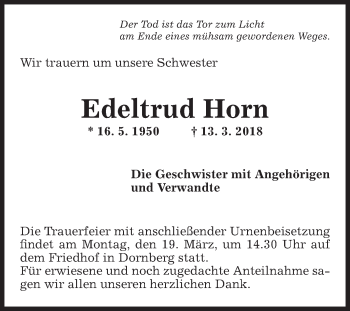 Traueranzeige von Edeltrud Horn von Fränkische Nachrichten