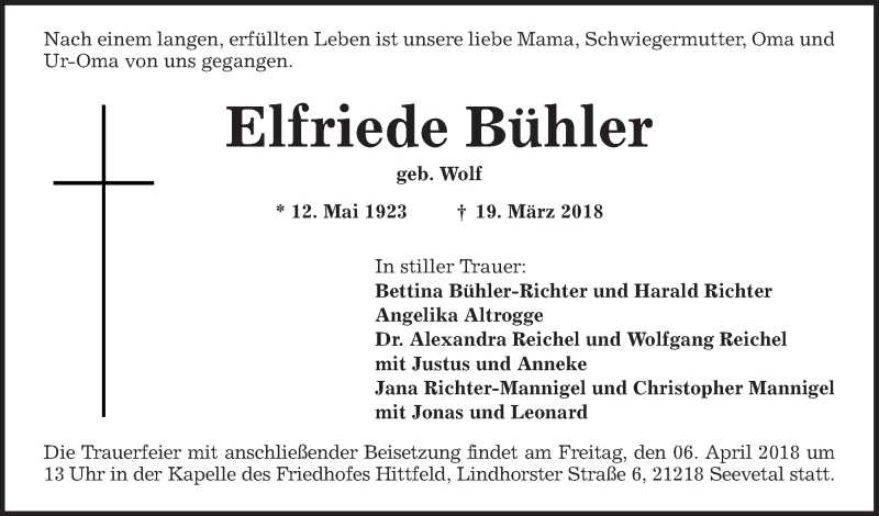  Traueranzeige für Elfriede Bühler vom 31.03.2018 aus Mannheimer Morgen