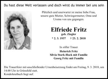 Traueranzeige von Elfriede Fritz von Fränkische Nachrichten