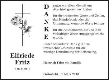 Traueranzeige von Elfriede Fritz von Fränkische Nachrichten