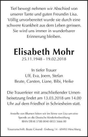 Traueranzeige von Elisabeth Mohr von Schwetzinger Zeitung