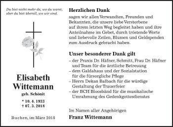 Traueranzeige von Elisabeth Wittemann von Fränkische Nachrichten