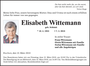 Traueranzeige von Elisabeth Wittemann von Fränkische Nachrichten