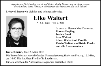 Traueranzeige von Elke Waltert von Fränkische Nachrichten