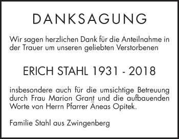 Traueranzeige von Erich Stahl von Bergsträßer Anzeiger