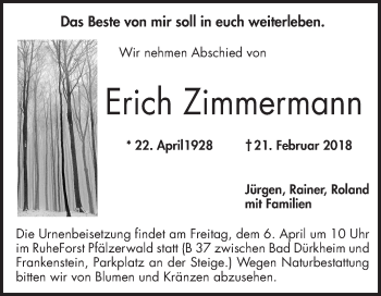 Traueranzeige von Erich Zimmermann von Mannheimer Morgen