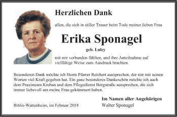 Traueranzeige von Erika Sponagel von Mannheimer Morgen