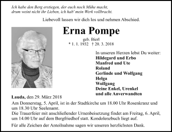 Traueranzeige von Erna Pompe von Fränkische Nachrichten