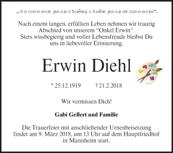 Traueranzeige von Erwin Diehl von Mannheimer Morgen