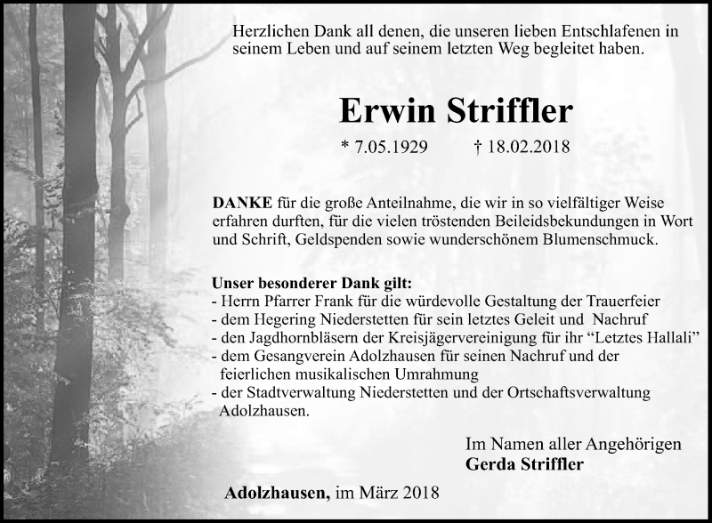  Traueranzeige für Erwin Striffler vom 14.03.2018 aus Fränkische Nachrichten
