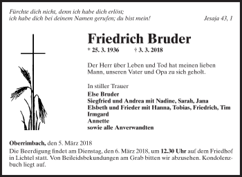 Traueranzeige von Friedrich Bruder von Fränkische Nachrichten