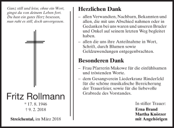 Traueranzeige von Fritz Rollmann von Fränkische Nachrichten