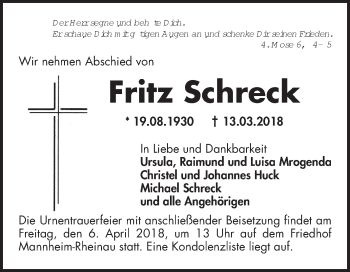 Traueranzeige von Fritz Schreck von Mannheimer Morgen