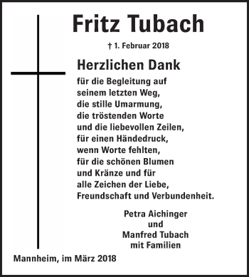 Traueranzeige von Fritz Tubach von Mannheimer Morgen