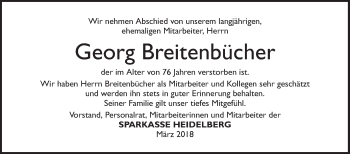 Traueranzeige von Georg Breitenbücher von Schwetzinger Zeitung