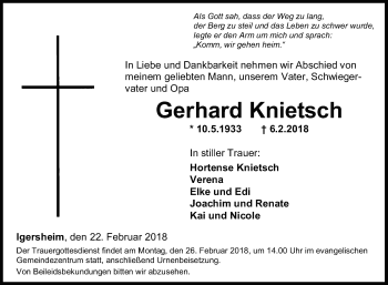 Traueranzeige von Gerhard Knietsch von Fränkische Nachrichten