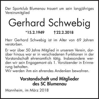 Traueranzeige von Gerhard Schwebig von Mannheimer Morgen