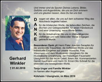 Traueranzeige von Gerhard Winkler von Fränkische Nachrichten