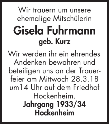 Traueranzeige von Gisela Fuhrmann von Schwetzinger Zeitung