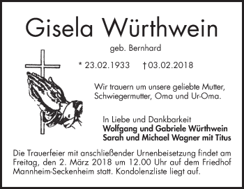 Traueranzeige von Gisela Würthwein von Mannheimer Morgen