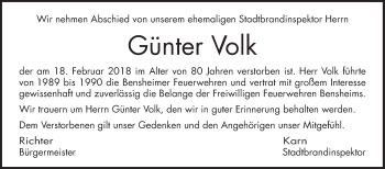 Traueranzeige von Günter Volk von Bergsträßer Anzeiger