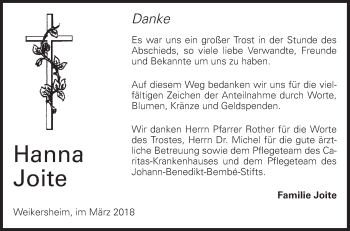 Traueranzeige von Hanna Joite von Fränkische Nachrichten