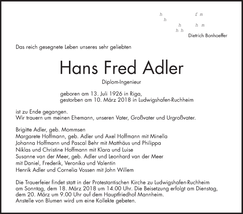  Traueranzeige für Hans Fred Adler vom 13.03.2018 aus Mannheimer Morgen