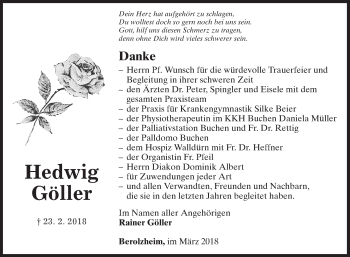 Traueranzeige von Hedwig Göller von Fränkische Nachrichten