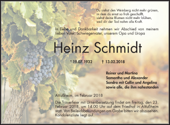Traueranzeige von Heinz Schmidt von Schwetzinger Zeitung