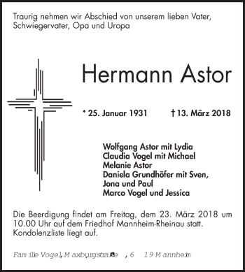 Traueranzeige von Hermann Astor von Mannheimer Morgen