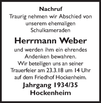 Traueranzeige von Herrmann Weber von Schwetzinger Zeitung