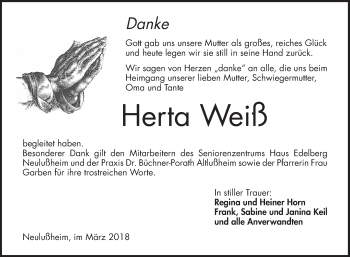Traueranzeige von Herta Weiß von Schwetzinger Zeitung