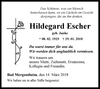 Traueranzeige von Hildegard Escher von Fränkische Nachrichten