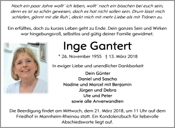 Traueranzeige von Inge Gantert von Mannheimer Morgen