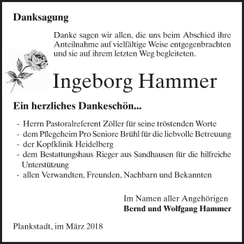 Traueranzeige von Ingeborg  Hammer von Schwetzinger Zeitung